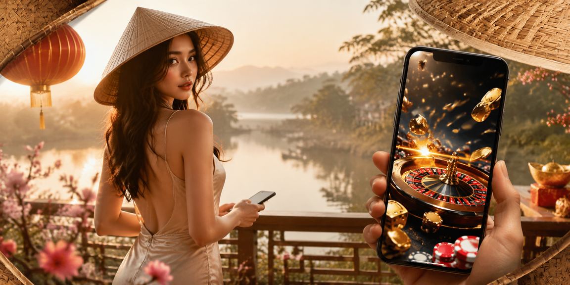 Người dùng chơi casino trên điện thoại di động tại Đà Lạt với nón lá truyền thống