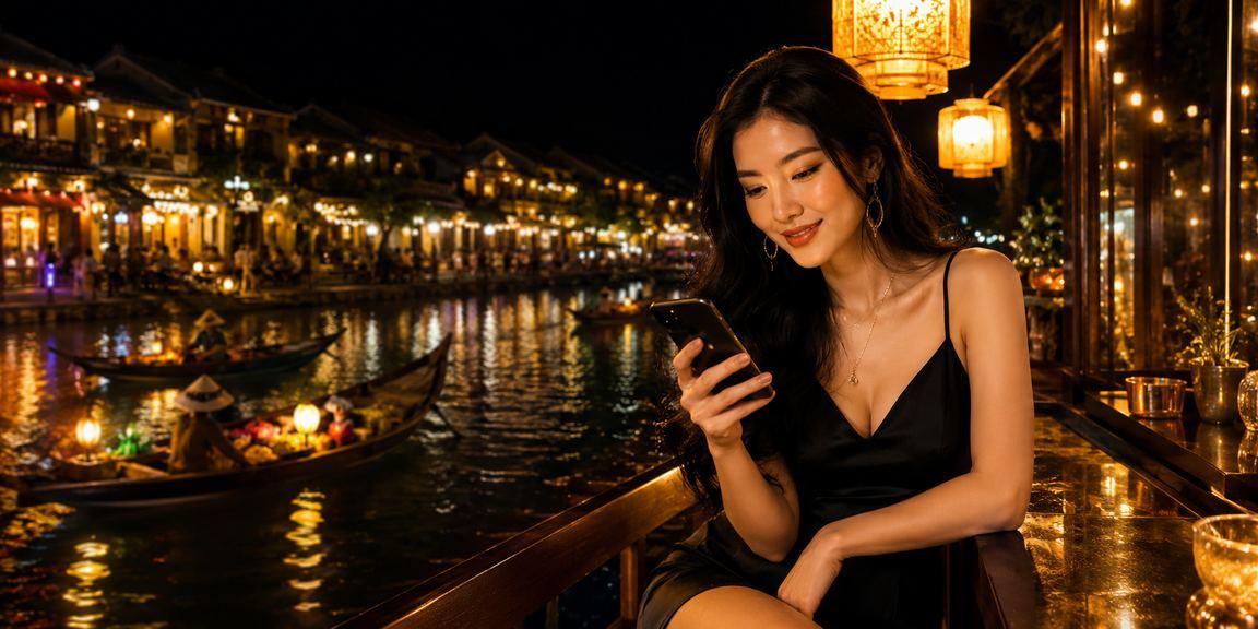 Người chơi tại Hội An thư giãn với slot game trên điện thoại trong quán cà phê cổ kính